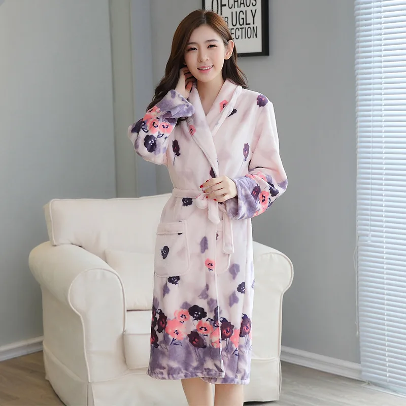 

Korean Version of Autumn and Winter Long Sleeve Thickened Flannel Women's Pajamas High Grade Sexy Robe Belt Bath Robe Sleepwear