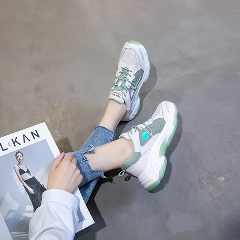 

Jookrrix 2020 Women Spring Female Fashion Chunky Sneakers For Women Genuine Leather Shoes Lady Increased 6cm Wedges Thick Sole
