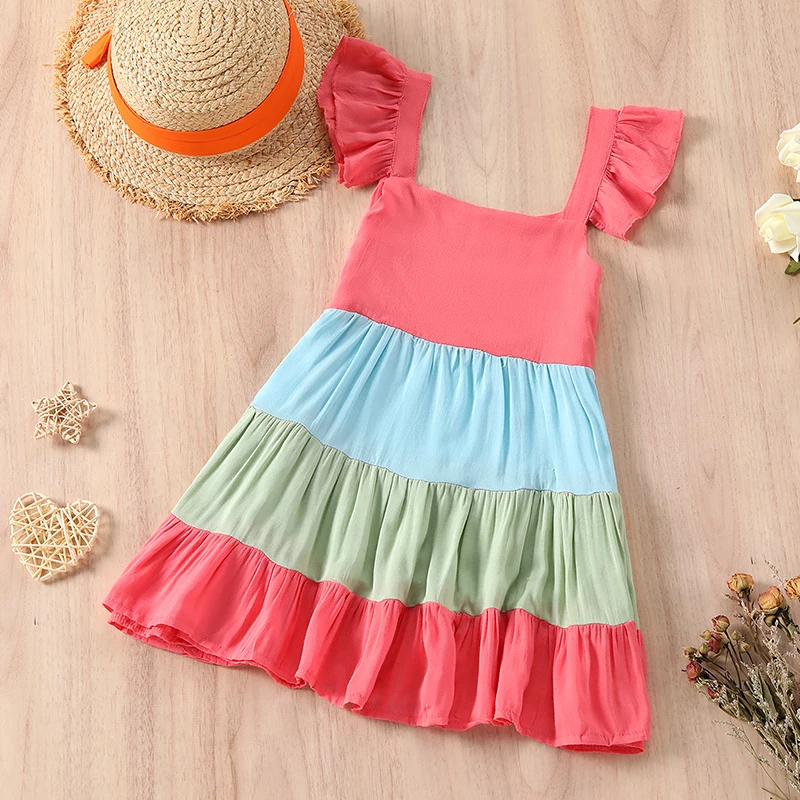 

Little Girls Princess Dress Summer Autumn Toddlers Sweet Style Contrast Color Square Collar Wide Hemline Fly Sleeve Skirt