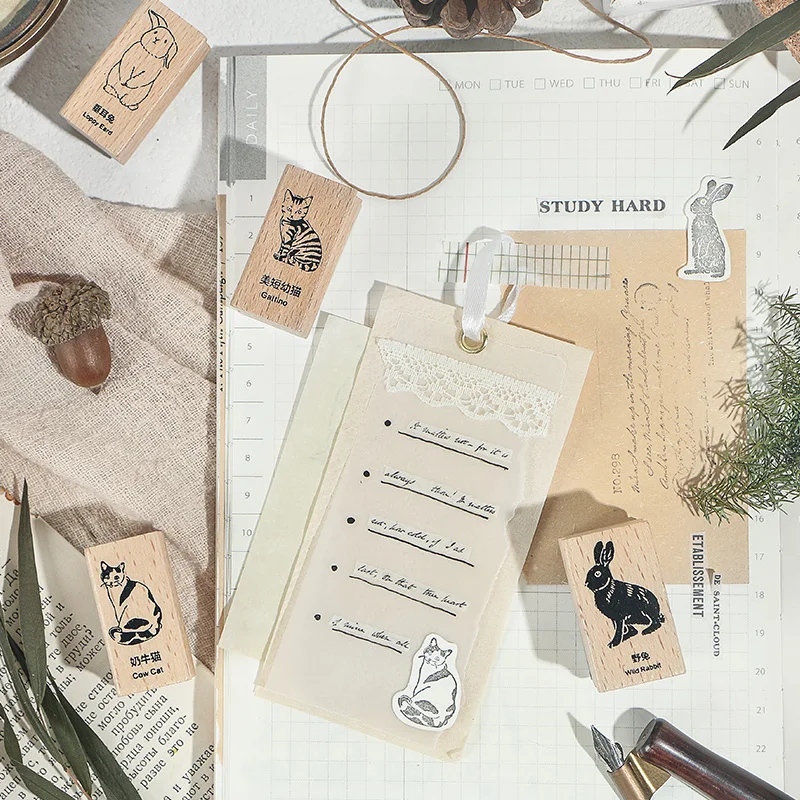 6 PCS/set Animal map DIY wooden rubber cat rabbit stamp set Crafts diy Handmade decal scrapbooking Photo Album | Канцтовары для