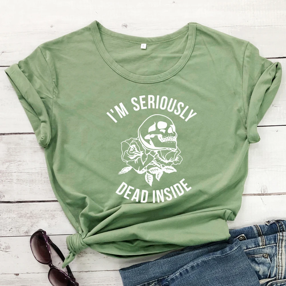 olive-white text Футболка с принтом «I'M Dead Inside Skull»; Летняя Повседневная футболка с короткими рукавами и принтом в виде черепа; стильная футболка в стиле Харадзюку С гранж; модные топы; Camisetas - Цвет: olive-white text