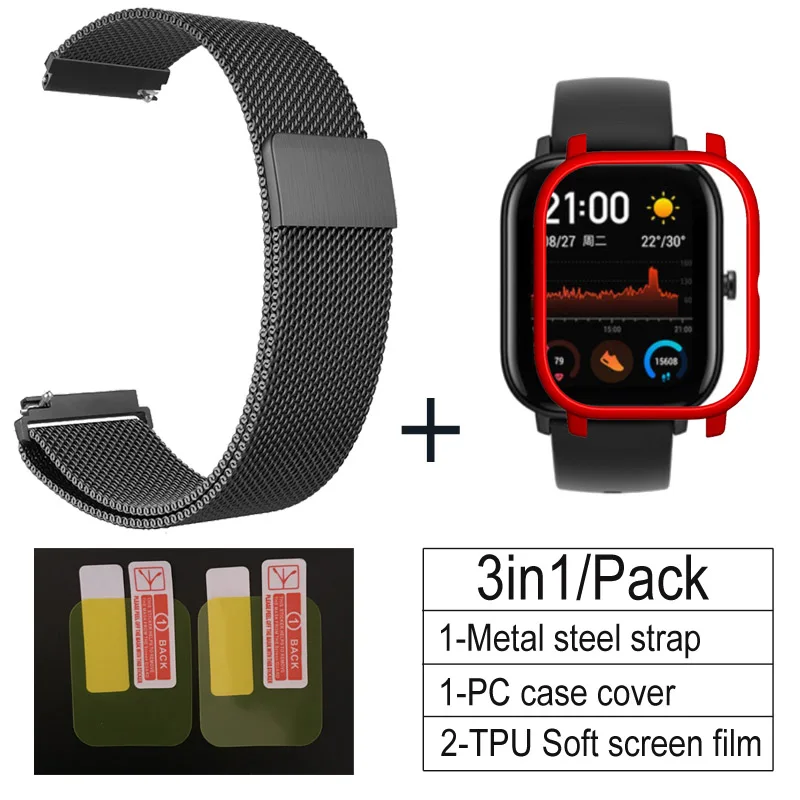 black-red 3 в 1 Аксессуары для Amazfit GTS ремешок с чехол металлический Миланский Браслет для Huami Amazfit GTS Band Защитная пленка для экрана - Цвет: black-red