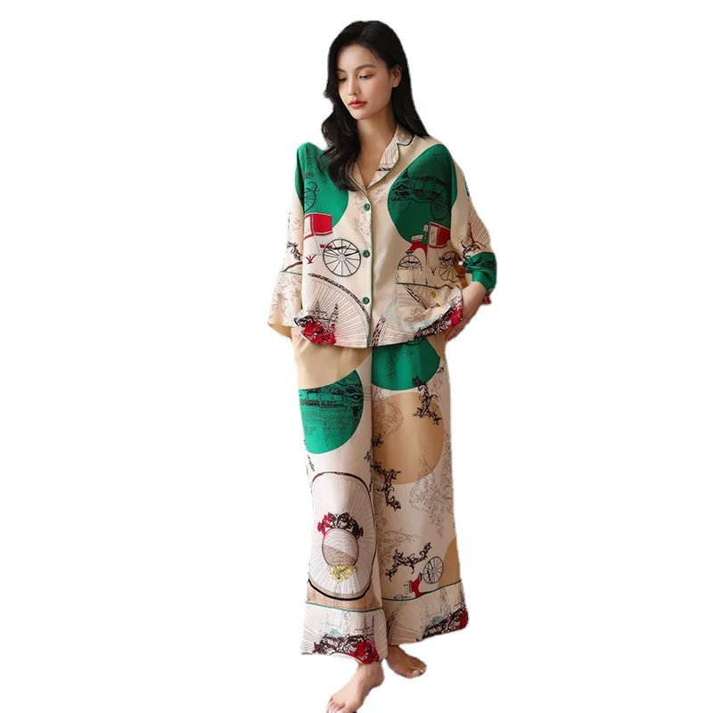 Printed Pajamas Women's Ice Silk New Two-piece Pants with Seven Sleeves