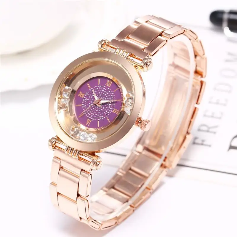 Модные вращающиеся алмазные часы женские из нержавеющей стали кварцевые на