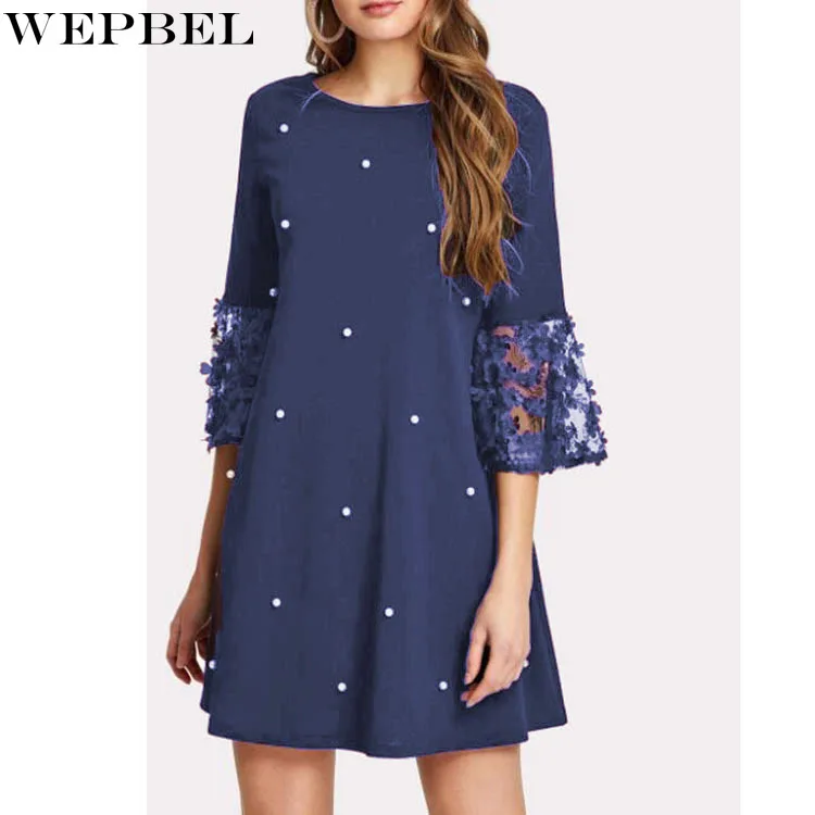 

Повседневное однотонное платье WEPBEL, женское кружевное свободное платье, Осеннее Сетчатое платье с вышивкой и круглым вырезом, платье с рука...