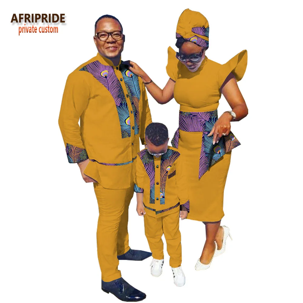 Семейная одежда с принтом в африканском стиле AFRIPRIDE, мужской костюм+ женское платье до середины икры с платьем и шарфом+ костюм для мальчиков Семейный комплект, A18F001 - Цвет: 545J