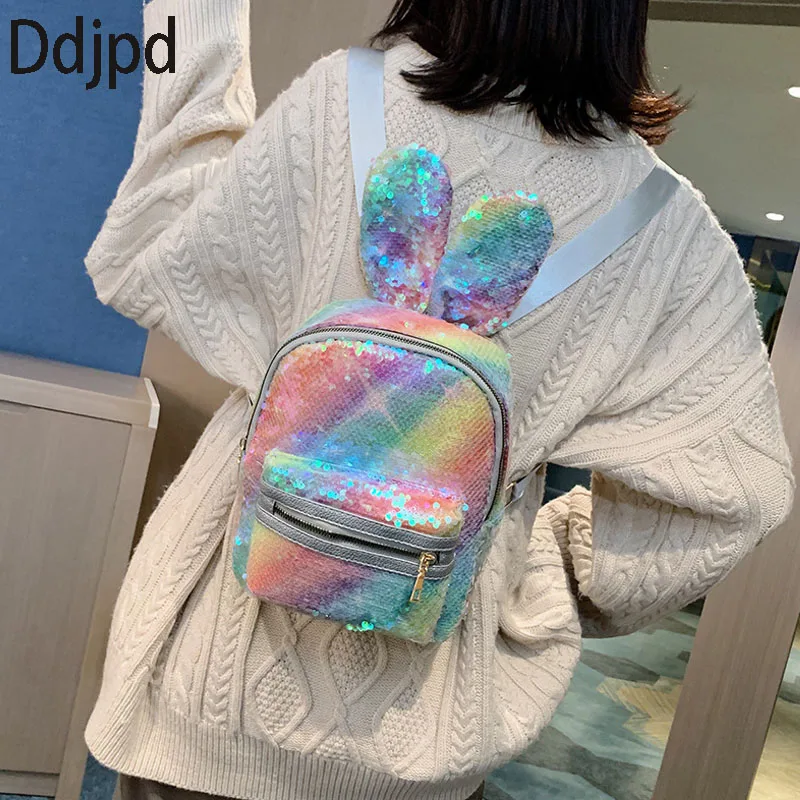 

Ddjpd New Bunny Ears Backpack Female Cute Sequined Backpack Children's Bag Colorful Small Backpack Fashion Mini Ladies Bag