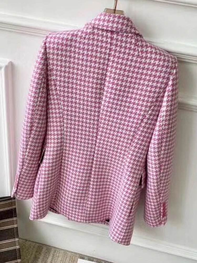 

Free shipping Houndstooth suit collar Double-breasted woolen coat Ladies autumn and winter new styles waist fashion all-match