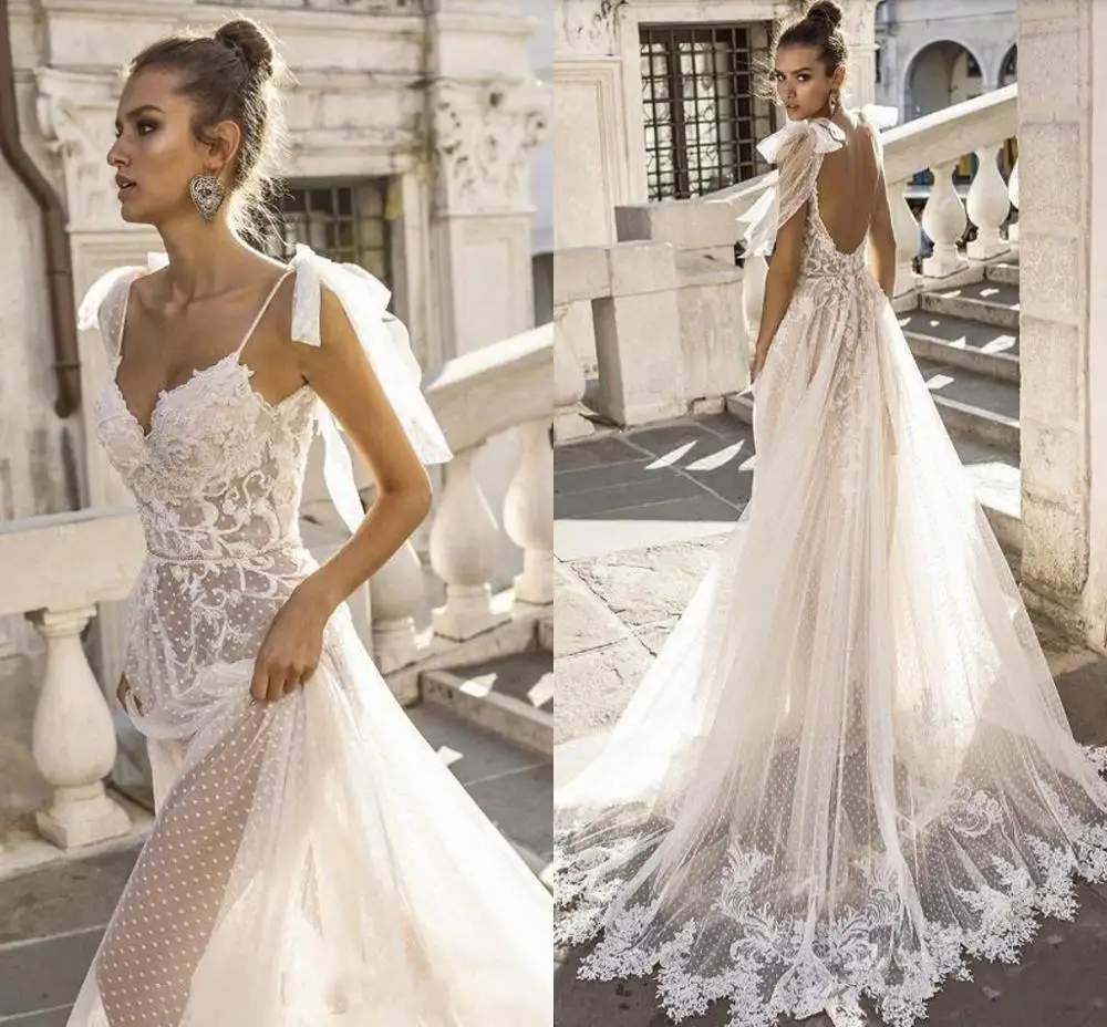 

2020 Sexy Boho Wedding Dresses Spaghetti Straps Illusion Lace Backless Bridal Gowns Vestido De Novia Beach Wedding Dress Cheap