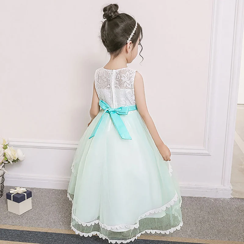 

Flower Girls Dresses Illusion Sleeveless Lace Embroidery Tulle Crystal O-Neck Floor-Length Luxury Kids Party Princess Gown F091