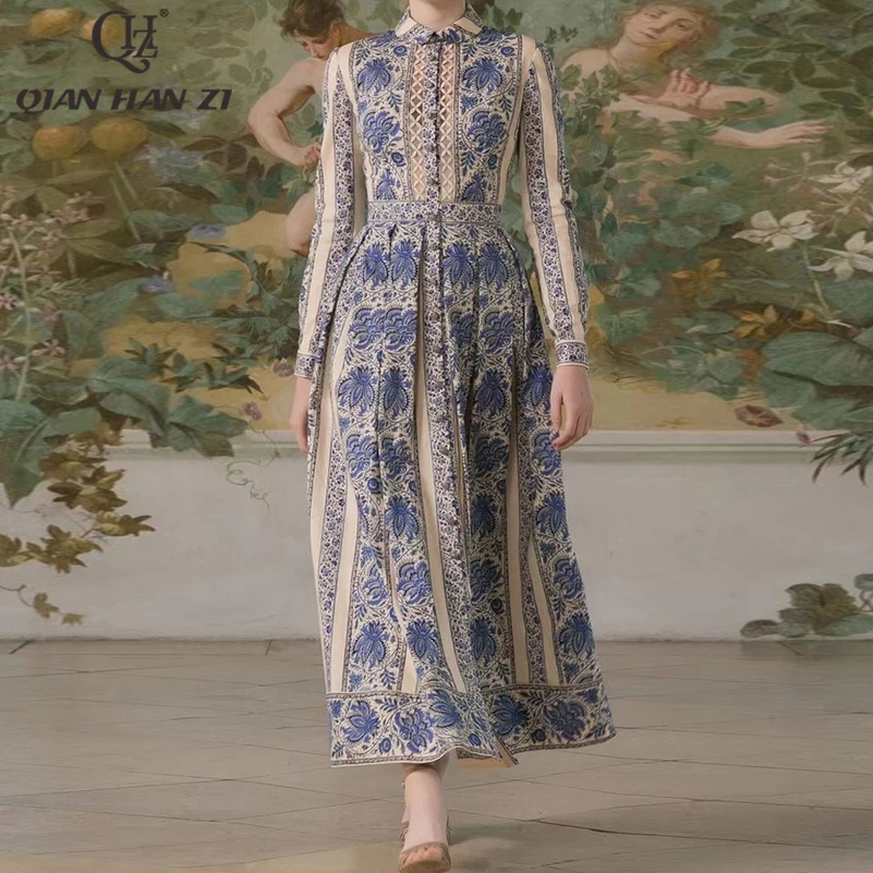 

Qian Han Zi fashion runway Maxi dress Women long sleeves vintage Beaded pleated Casual Blue and white porcelain print Long dress