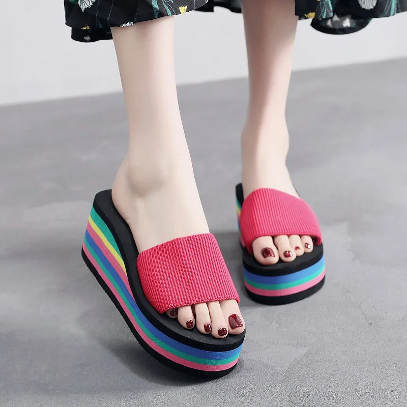 

House Slippers Platform Multicolored Sandals Shoes Luxury Slides Shose Women On A Wedge Heeled Mules Pantofle Summer Clogs