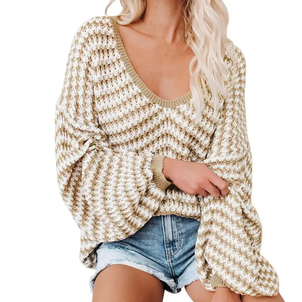 

Women Sweater Striped Knitted Thick Knit Wide Neck Striped V-Neck Loose Casual Pullover Sweater winter clothes свитер женский