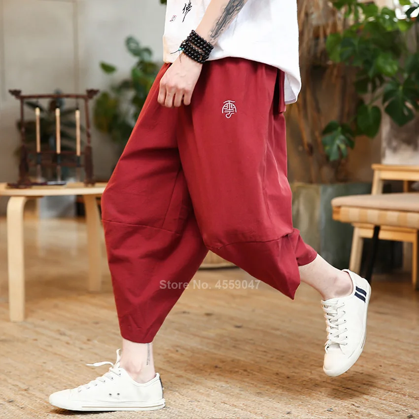 

Мужские брюки-султанки в японском стиле, Винтажные льняные брюки-кимоно с вышивкой в стиле Харадзюку, модель 2022 года