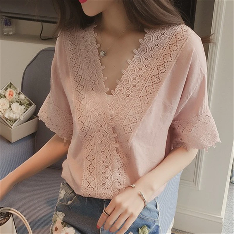 Camisa de gasa de encaje holgada para mujer, Top de gasa de manga corta con cuello en V, versión coreana, verano 2020