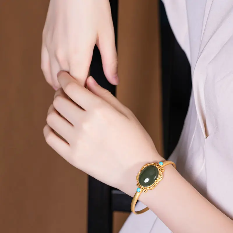 

new inlaid natural Hetian Chalcedony sapphire bracelet Chinese style retro palace style elegant charm women's brand jewelry
