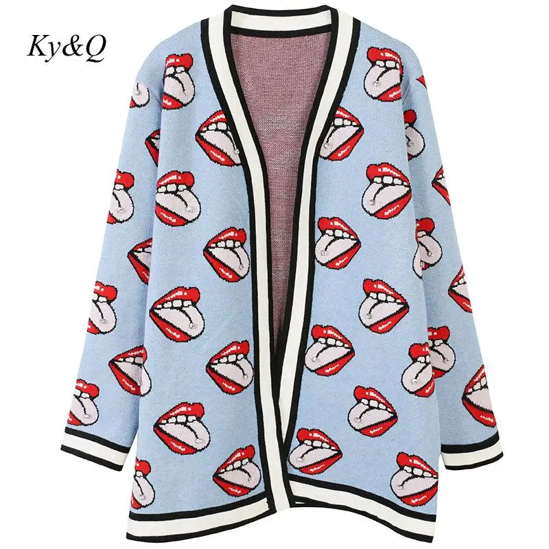Brand Design 2019 Winter V-neck Long-sleeved Knitted Women Blue Cardigans Striped Lips Diamonds Embroidery Sweater Clothes Tide |