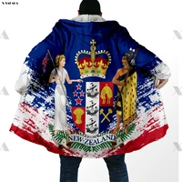 new zealand country flag arms print hoodie long fur collar hooded blanket cloak quilted winter warm cotton cashmere fleece