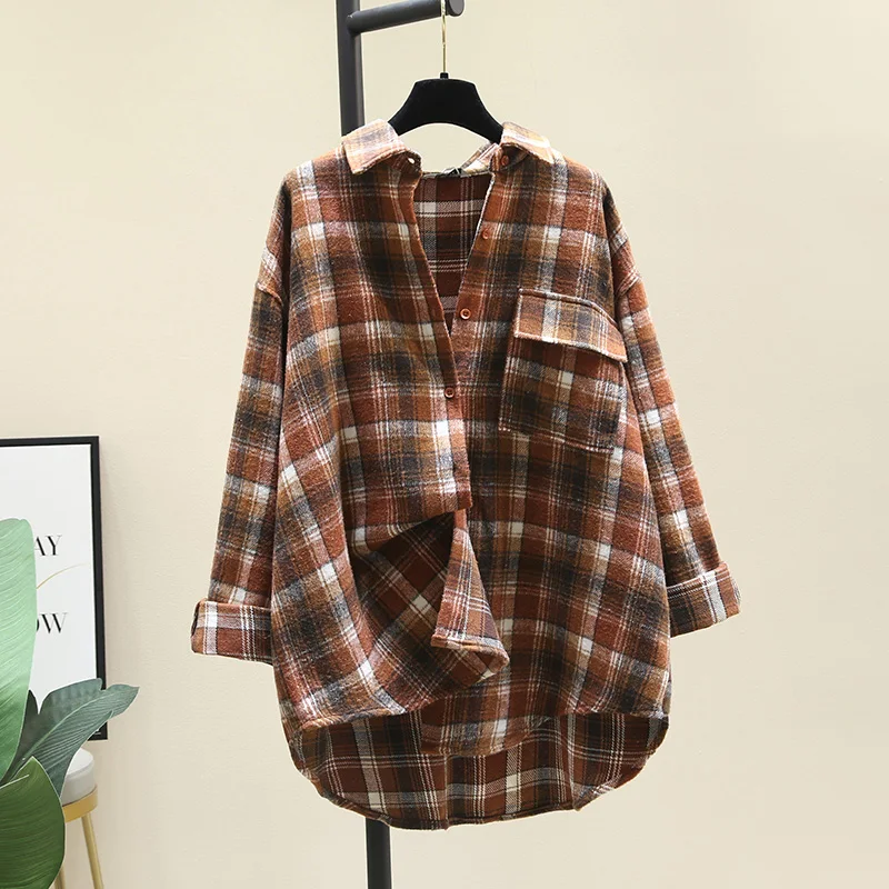 

SuperAen Wool Padded Plaid Shirt Coat Autumn Winter 2021 New Retro Full Turn Down Collar Casual Womens Tops