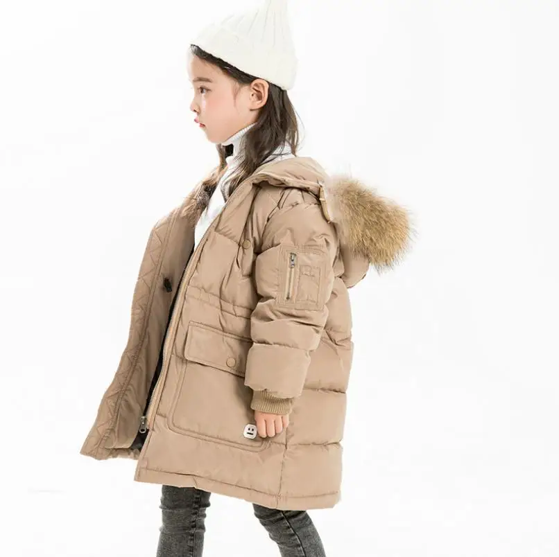 

30 degree Russian winter girls thicken Down jackets 2019 new big real fur collar long coats children outerwear kids tops ws1179