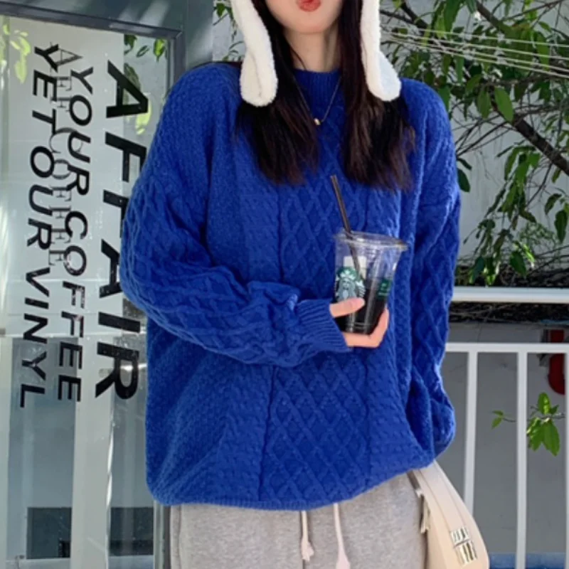 

Sweater Women 2021 New Korean Fashion Elegant All-match Solid O Neck Linen Pattern Design Loose Casual Knit Pullover Sweaters
