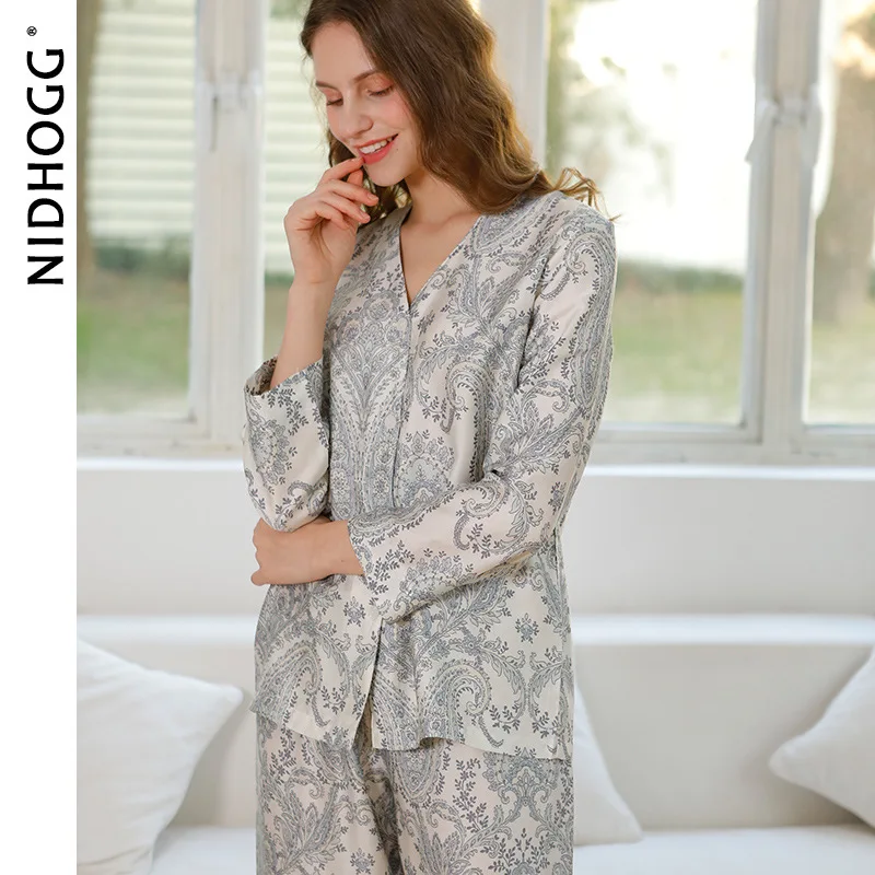 

Весна-Осень 2021, пижамный комплект Lyocell, пижама с V-образным вырезом и принтом, пижама с длинным рукавом, воздухопроницаемая одежда для сна в е...