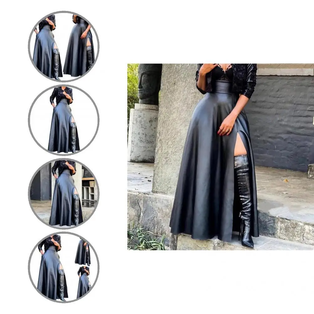 

Elegant Faux Leather Women Long Skirt Maxi Skirts Soft Asymmetric