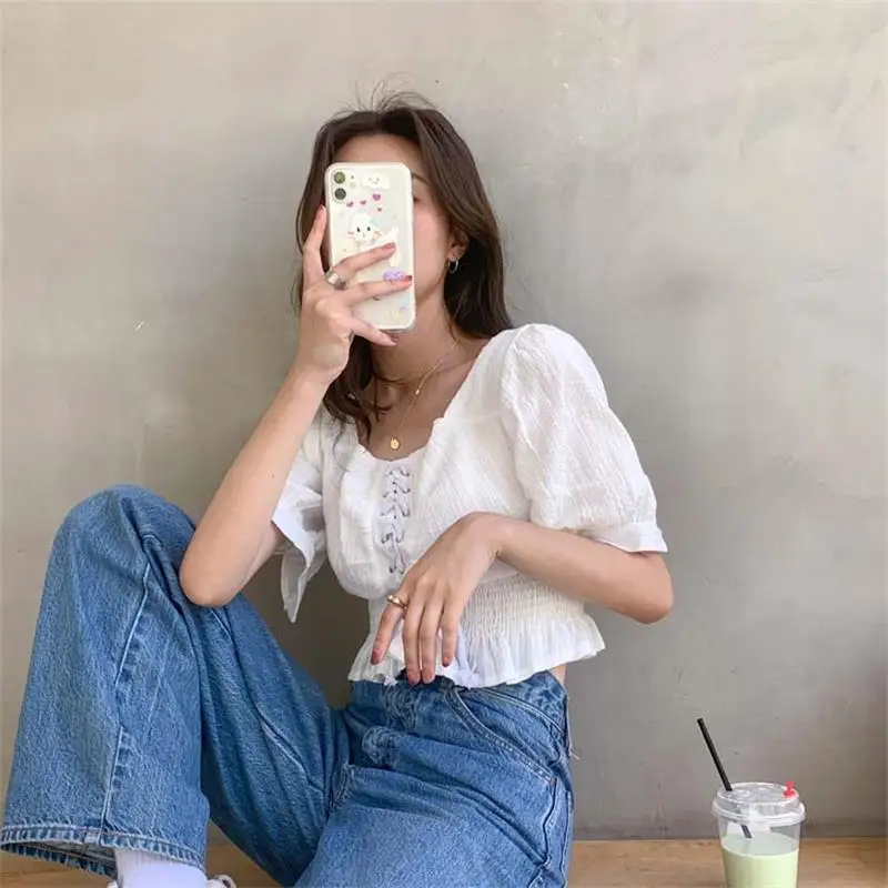 

Lazy Casual Ins Loose Tie Shirt Women's Shirts Ulzzang Japanese Kawaii Vintage Female Korean Harajuku Cute Clothes For Women