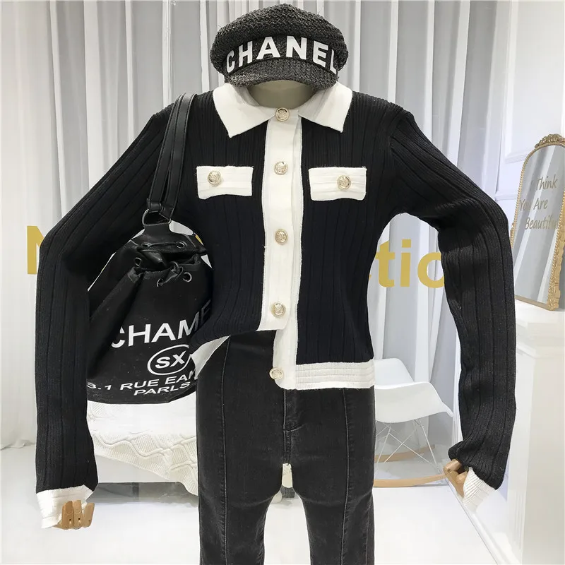 ALPHALMODA Autumn New Black and White Contrast Elegant Cardigan Women's French Fashion Short Knitting Jacket Outfit |