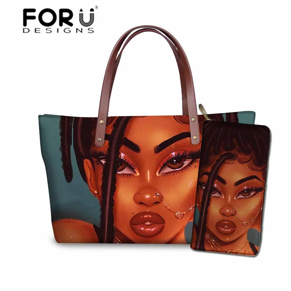 FORUDESIGNS/комплект сумок и сумочек, женская черная художественная африканская сумка с принтом для девушек, женская пляжная сумка-тоут для женщин, сумка на плечо - Цвет: YQ4662ALZ21