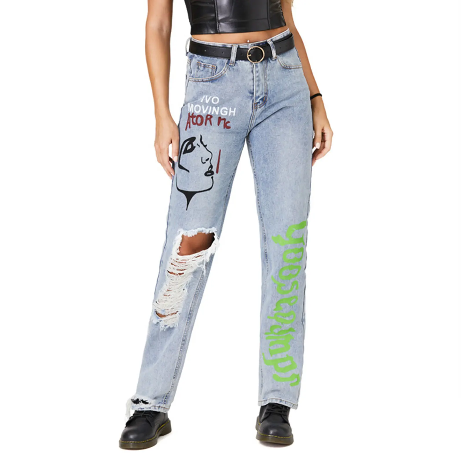 

Stylish Graffiti Letter Printed Ripped Jeans Women Ladies High Waist Hole Trousers Casual Wild Straight Pants for Daily Wear