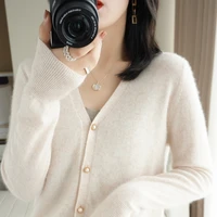 early autumn new v neck wool knitted cardigan womens loose large size sweater short bottoming top