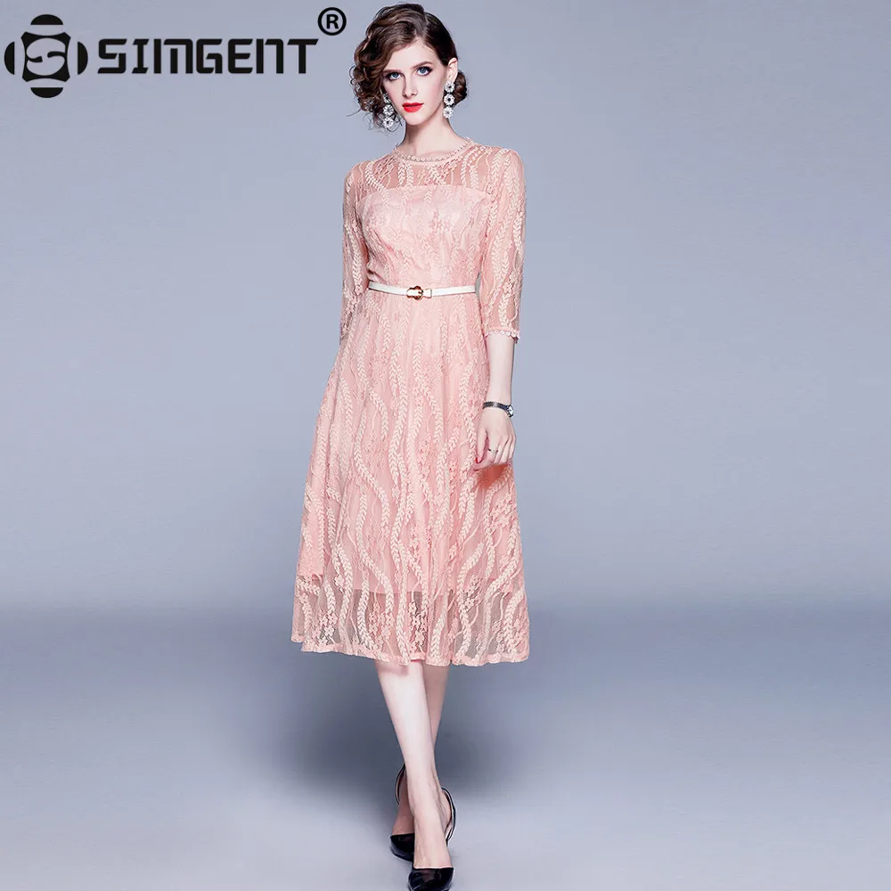 Женское кружевное платье трапеция с поясом на весну/осень|Женские платья| |