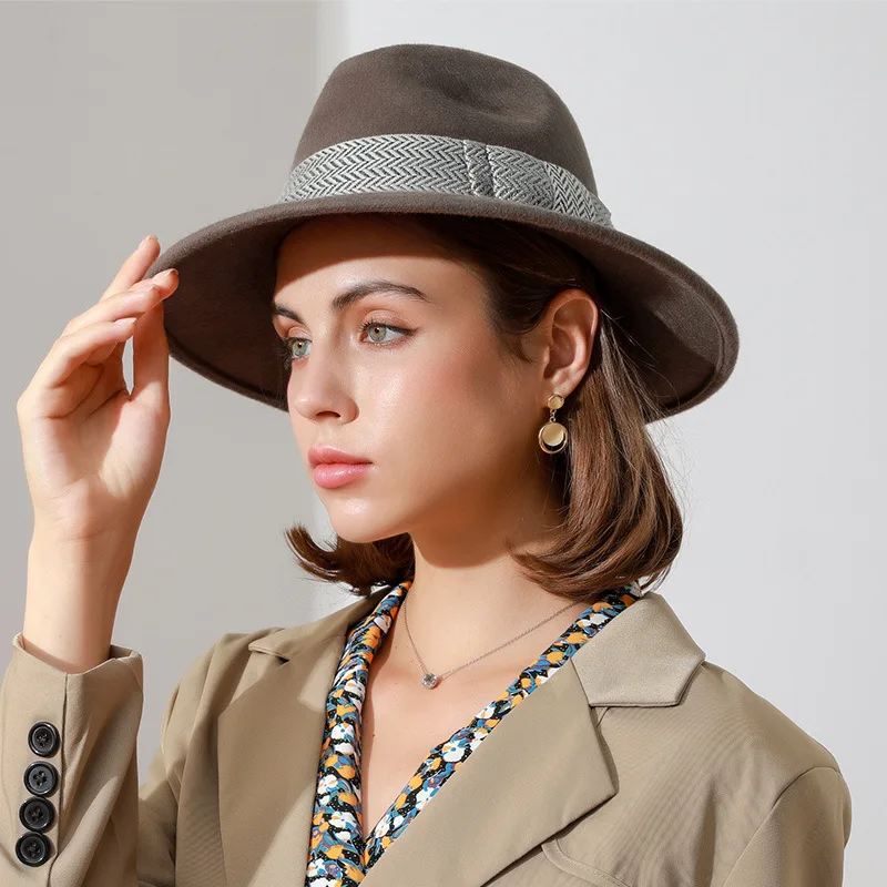 

Real Woolen Fedoras Hat for Lady Luxury Wide Brim Felt Fedora Hats Winter Wedding Party Trilby Hat Unisex Adult Fashion Jazz Hat