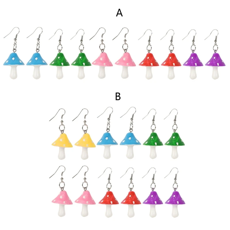 

5/6 Pairs Resin Mushroom Earrings Plastic Simulation Mushroom Drop Earrings Kit