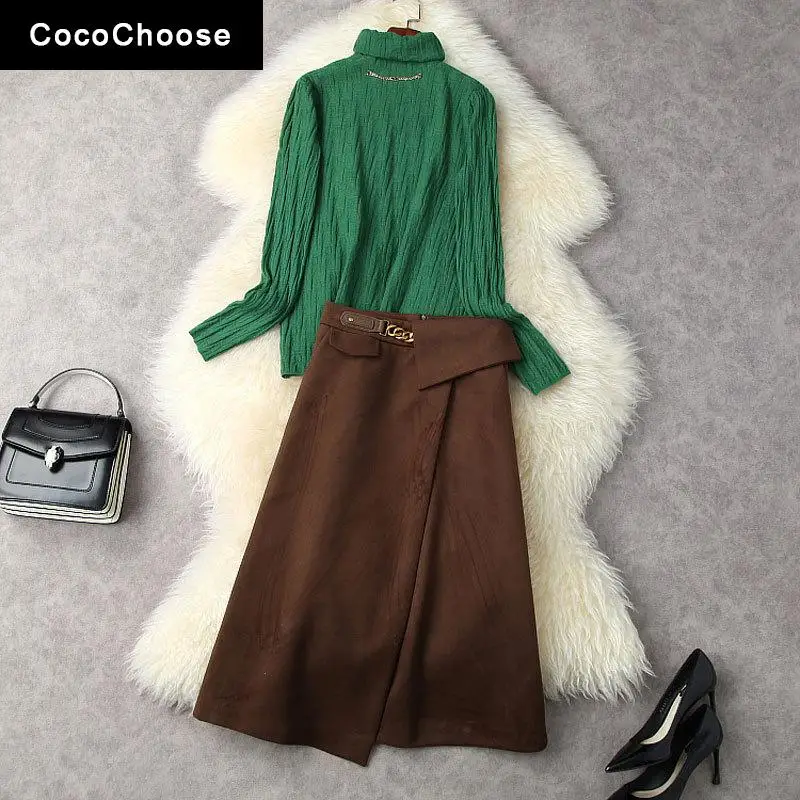 

Office Lady Skirt 2 Piece Set Autumn Wninter 2021 Turtleneck Knitted Pullovers + Woolen A-line Midi Skirts Suits Elegant Outfits