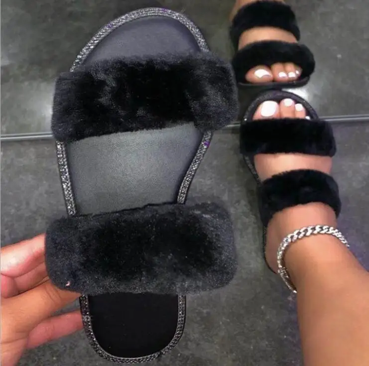 

New 2020 autumn winter fox hair soft Double layer smooth flat rhinestone casual all-match our slippers outdoor women sandals