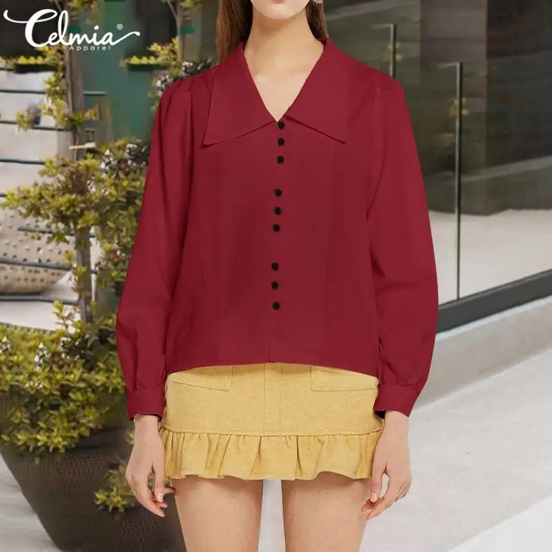 

Celmia 2021 Модные женские рубашки, Дамская блузка, сексуальные однотонные Топы с длинным рукавом и отложным воротником, повседневные элегантны...