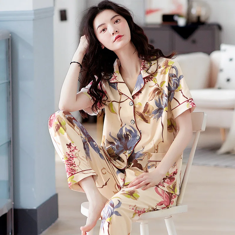 Женская Хлопковая пижама летний кардиган с короткими рукавами и длинные брюки