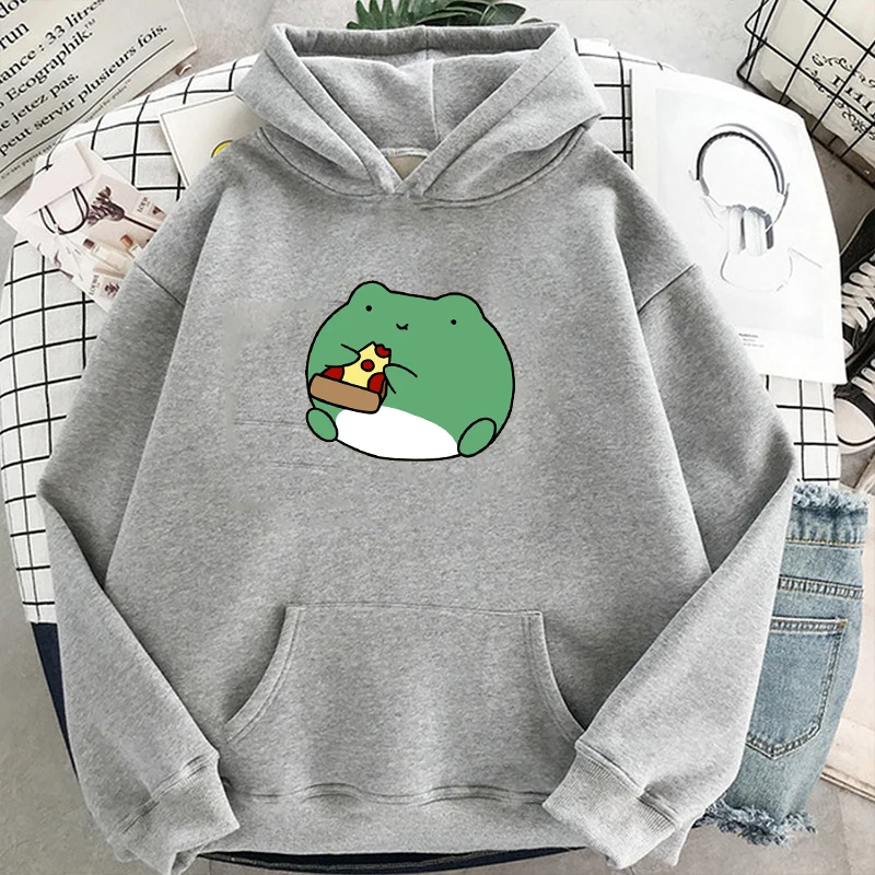 

Winter Frog Eating Pizza Hoodie Cartoon Cute Pattern Warm Pullover Drawstring Pink Womens Student Harajuku Oversized Sweatshirt