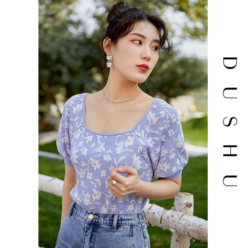 

DUSHU Plus Size Retro Square Neck Sweater Women's Summer 2021 New Style Puff Sleeve Purple Green T-shirt Tops For Women