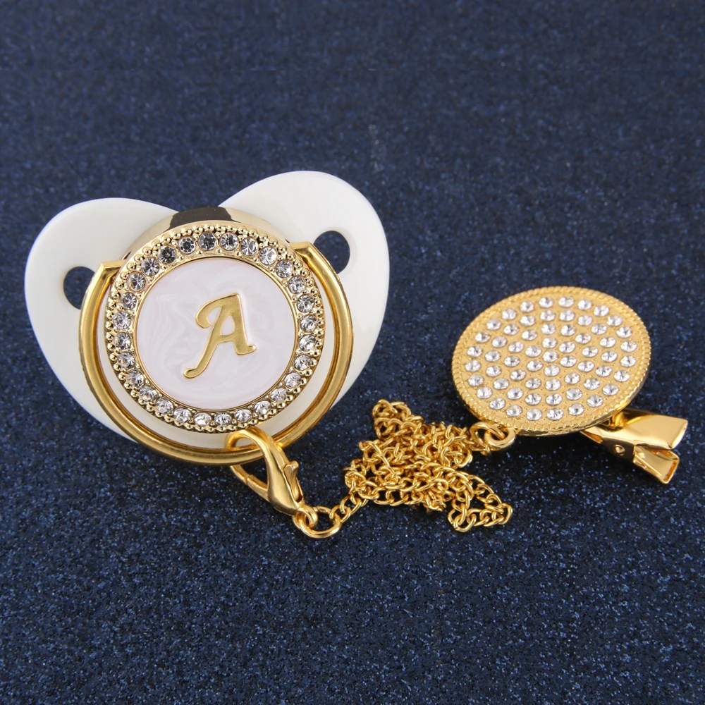 0 12 Months Luxury White Diamond Baby Pacifier With Clip 26 Letters Silicone Orthodontic Dummy Crystal Nipple Sleeping Soother