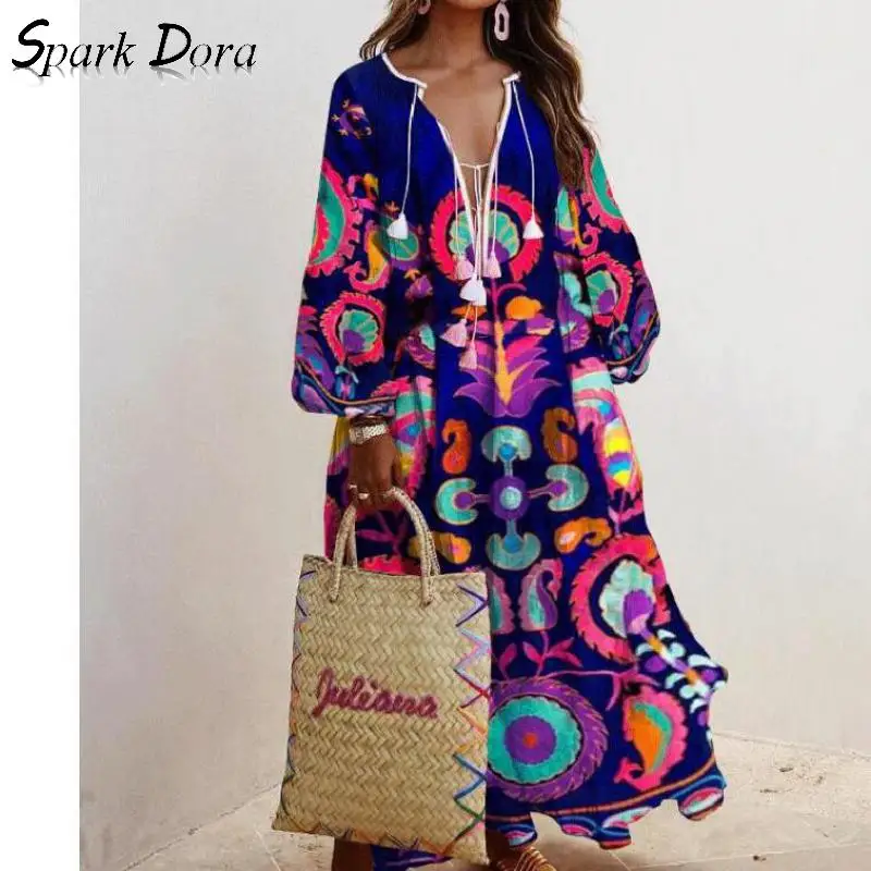 

Free Shipping Elegant Dress Spring Summer Fashion Outwear Printed Lantern Sleeve Vestidos Hit Color Comfort Sexy Dress