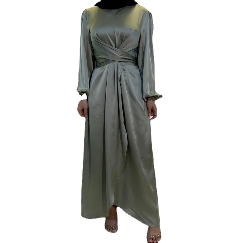 

ИД атласное платье-абайя, мусульманское женское однотонное платье с запахом спереди, длинным рукавом и оборками, Длинное Макси-платье, летн...