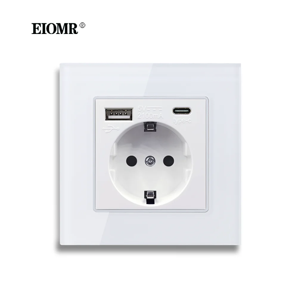 Tomada de Parede Usb 16a Padrão da ue com Tipo-c Porta de Carregamento do Telefone Móvel Painel de Tomada de Vidro Tomada Elétrica para a Melhoria da Casa Soquetes elétricos