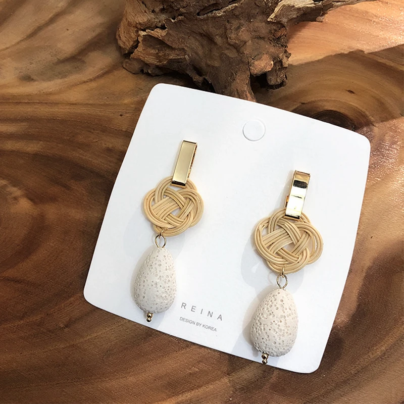 Женские Ротанговые висячие серьги ручной работы Длинные круглые из ротанга и