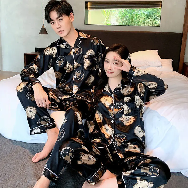 

Couple's pajamas women's ice silk spring and autumn long sleeve summer home service large size thin suit two piece set price
