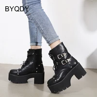 byqdy black chunky motorcycle boots for women ankle buckle strap street gothic style platform boots shoes women spring autumn