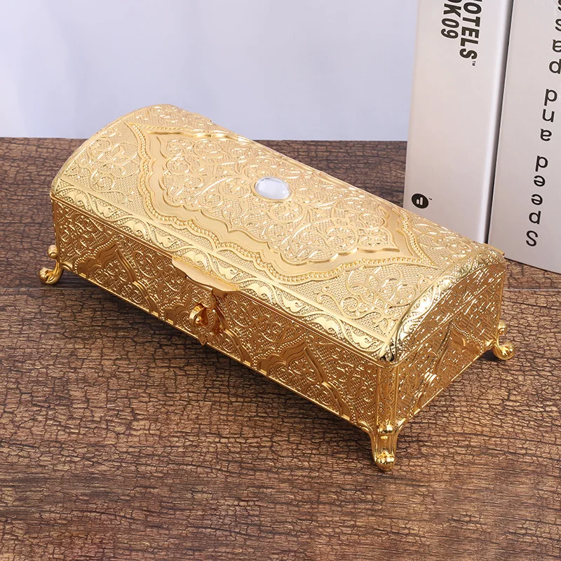 

Vintage Gold Embossed Trinket Box Lockable Metallic Engraved Jewelry Storage Case Large Zinc Alloy Treasure Organizer Rectangle