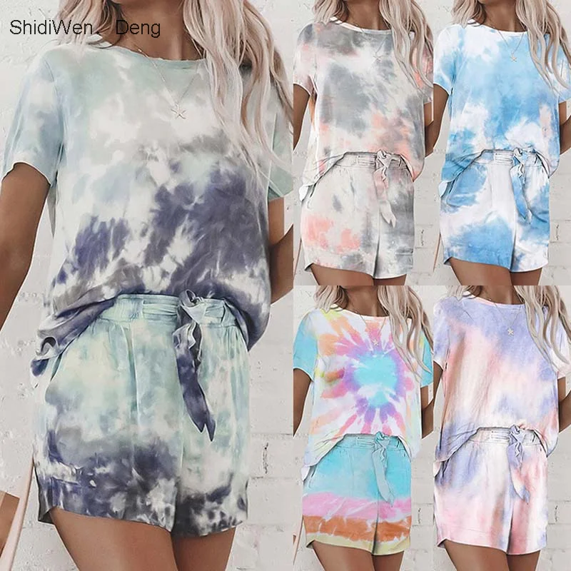 

2020 Tie Dye Lounge Set Summer Pajama Women Pajama Set Short Sleeve Sleep Wear Women Nightwear Shorts Sleepwear Set Female